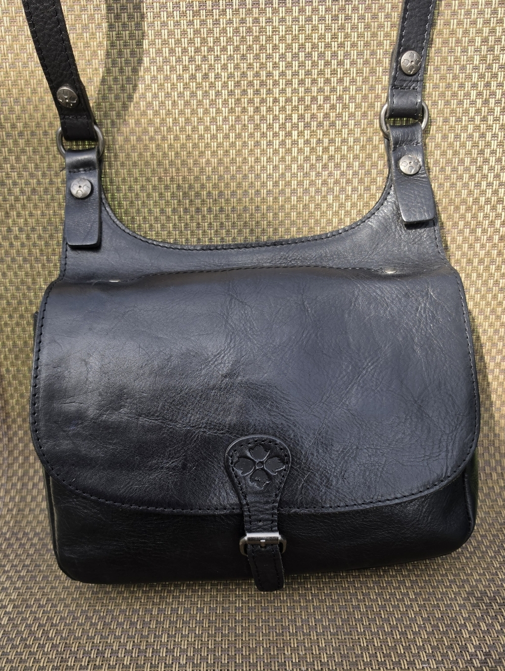 Patricia Nash Black Leather Saddle Flap Crossbody Bag